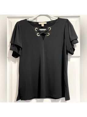 Michael Kors Black Top Gold Rings Criss Cross Front V Neck Short Sleeve Blouse M